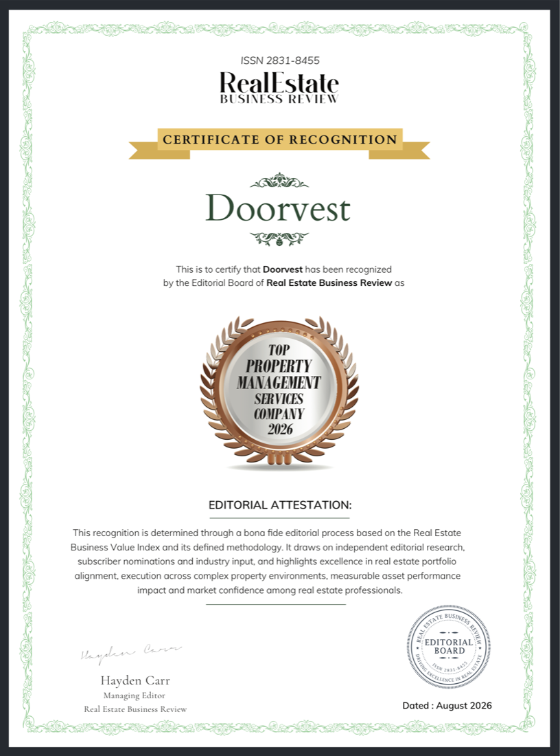 Certificate of Recognition naming Doorvest a Top Property Management Services Company 2026, issued by Real Estate Business Review
