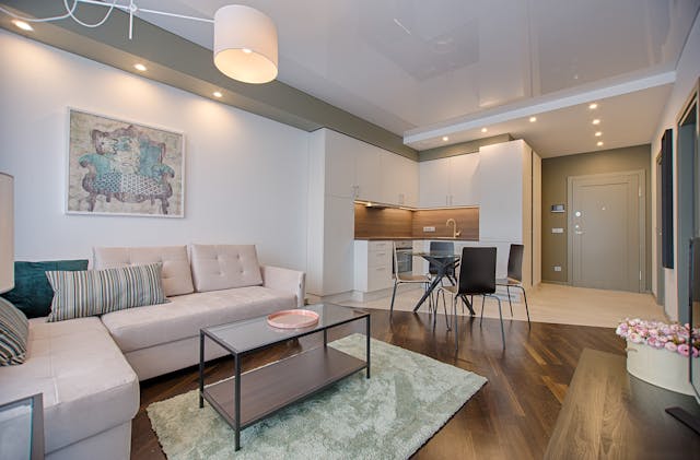Furnished living room and dining room with a couch, rug, coffee table, dining table and chairs.