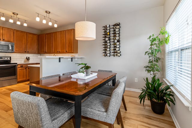 brown kitchen table with grey seats