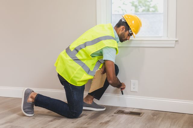 person in protective gear inspecting a vent
