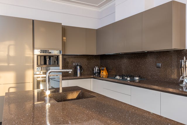 A clean, modern kitchen island.