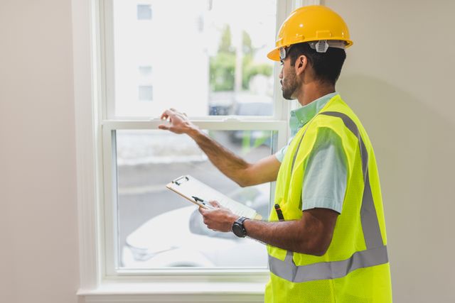 person holding a clipboard inspecting a window