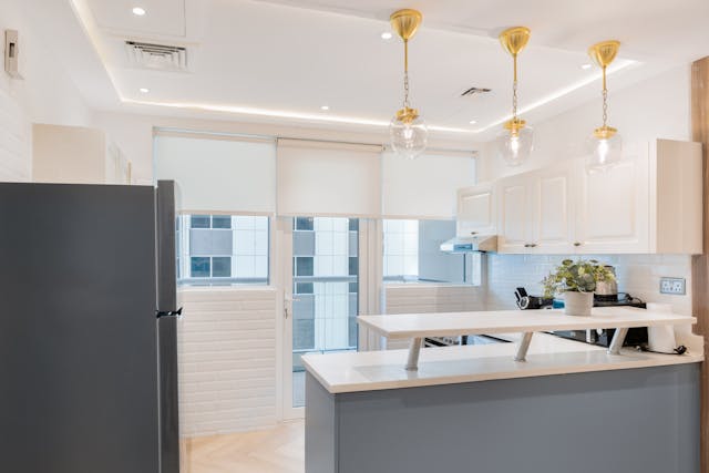 Modern kitchen with a balcony view